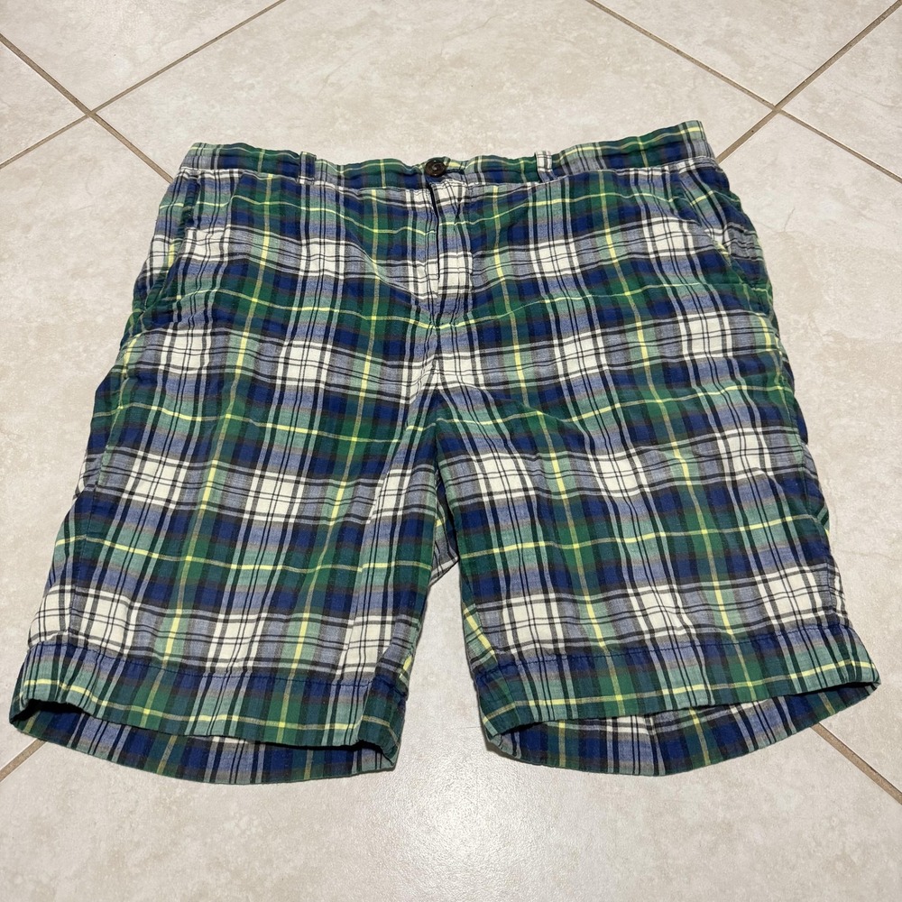 Brooks Brothers Shorts Mens 36‎ Green Blue Madras Plaid Chino Flat Front Zip Fly